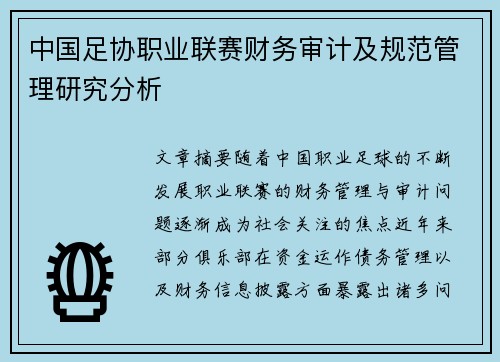 中国足协职业联赛财务审计及规范管理研究分析 中国足协职业联赛财务审计及规范管理研究分析